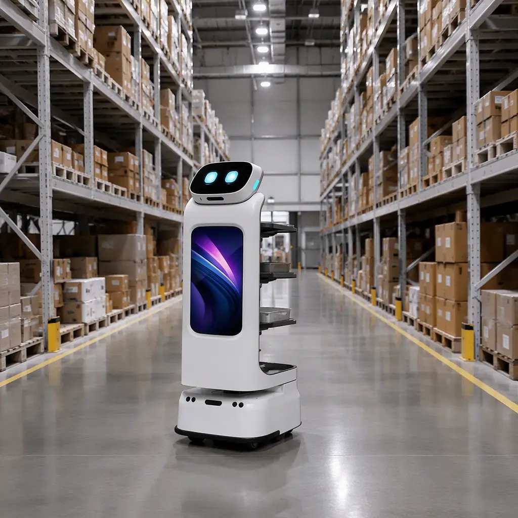CADEBOT L100 autonomous delivery robot navigating a warehouse aisle with LiDAR mapping, shelving on both sides, clean industrial lighting