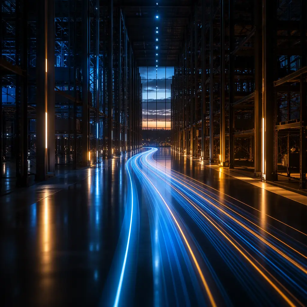Abstract automated logistics atmosphere, long luminous light trails through a modern warehouse corridor, tall shelving silhouettes, deep blue and amber accents, cinematic depth, no people, no robots