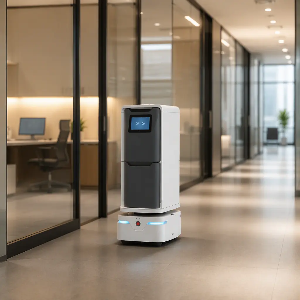 AOMAN DOUBLE dual-cabin delivery robot traveling along a bright office corridor with glass walls, warm lighting, modern corporate environment