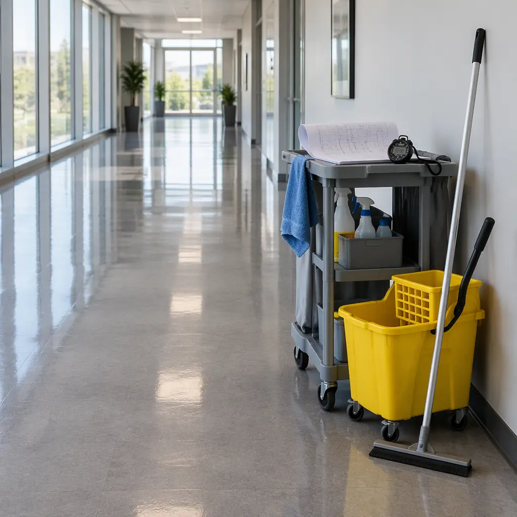 Photorealistic photograph of a bright empty commercial corridor with a cleaning cart, a mop bucket and a floor squeegee positioned against the wall, a stopwatch resting on a folded floor plan, no people faces and no text
