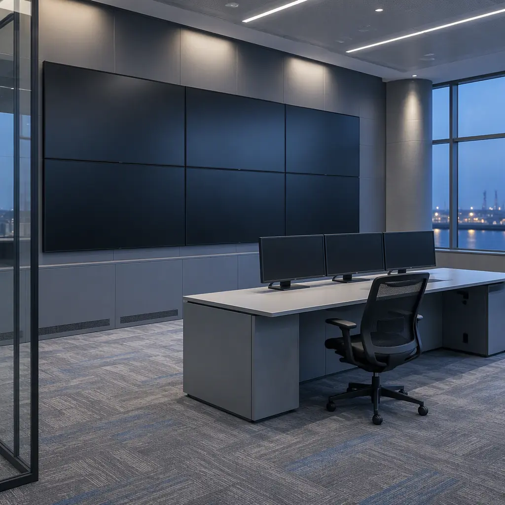 Wide view of an empty modern facility control room with large blank wall-mounted screens and a single desk, no people and no text