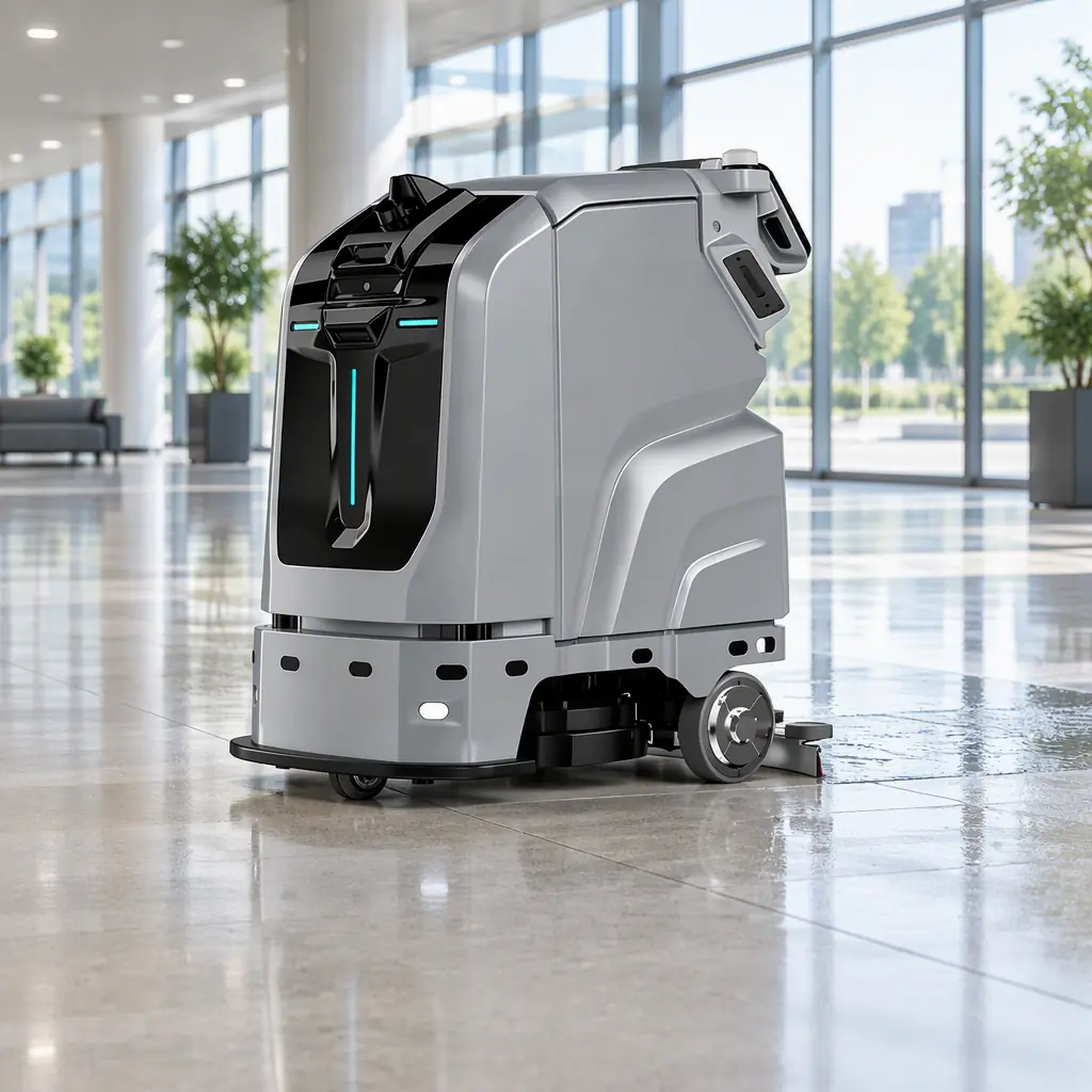 Autonomous large-format floor scrubber working a large commercial floor with a freshly cleaned strip behind it, no people and no text