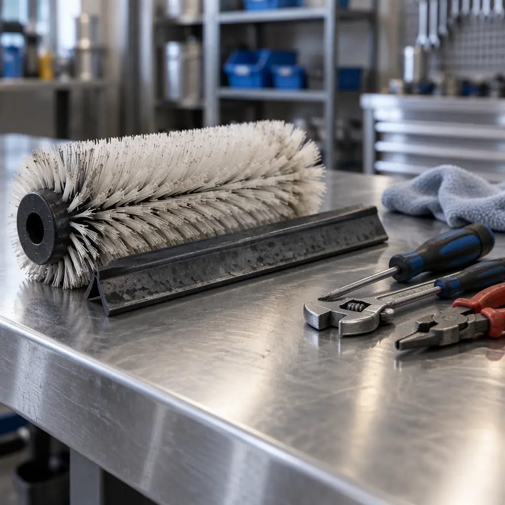 Photorealistic macro photograph of a cleaning robot brush deck and squeegee assembly being serviced on a workshop bench, worn brush filaments visible, no people and no text