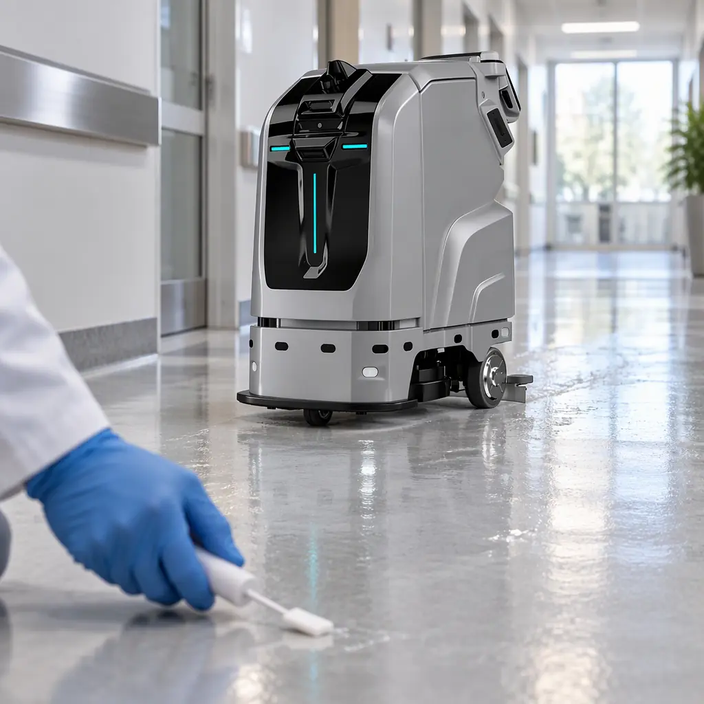 Photorealistic macro photograph of a gloved hand swabbing a floor tile beside a handheld luminometer reading a result, no people faces and no text