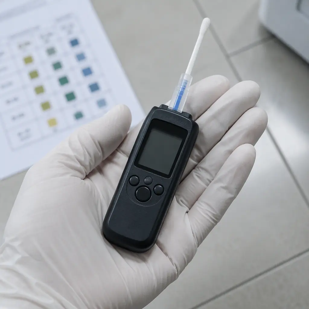 Photorealistic macro of a handheld surface-testing instrument with a swab on a gloved palm above pale floor tiles, no people faces and no text