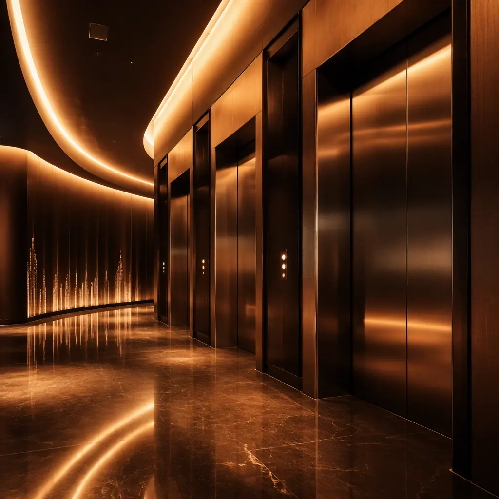 Abstract elevator lobby atmosphere, warm amber light trails and polished metal surfaces, empty space, cinematic reflections, no people, no robots