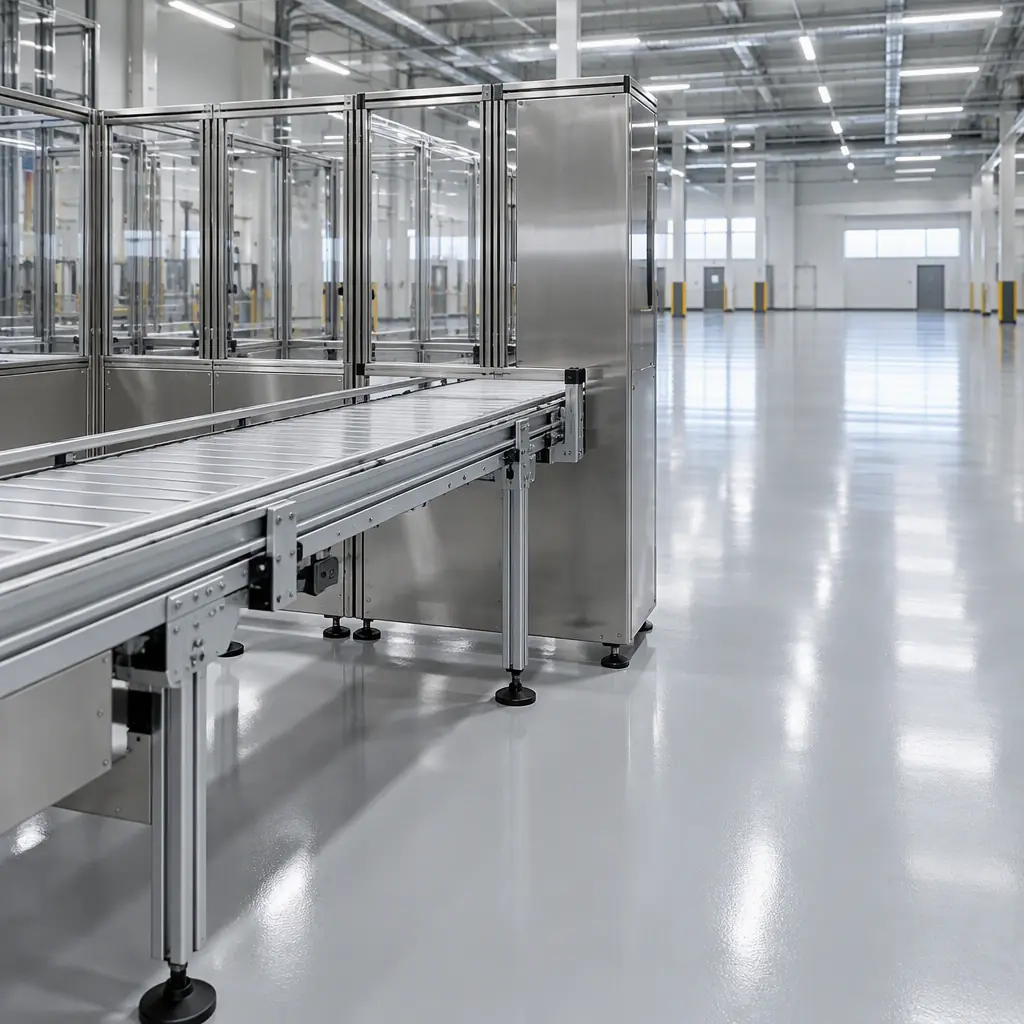 Empty end-of-line area of a clean modern electronics production hall with conveyor section and stainless steel guarding, no people and no text