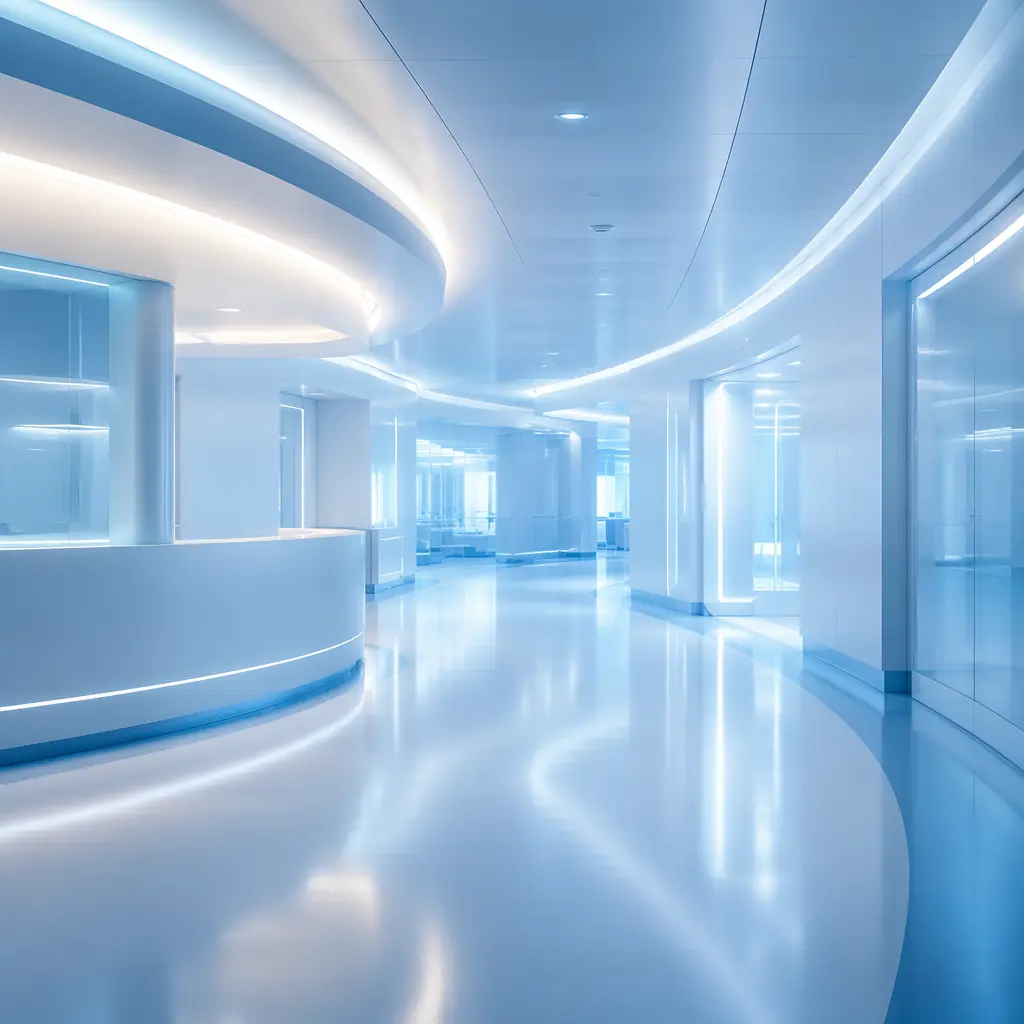 Soft glowing corridor with blue-white light gradients flowing along polished surfaces, representing the sterile, efficient environment of modern hospital logistics