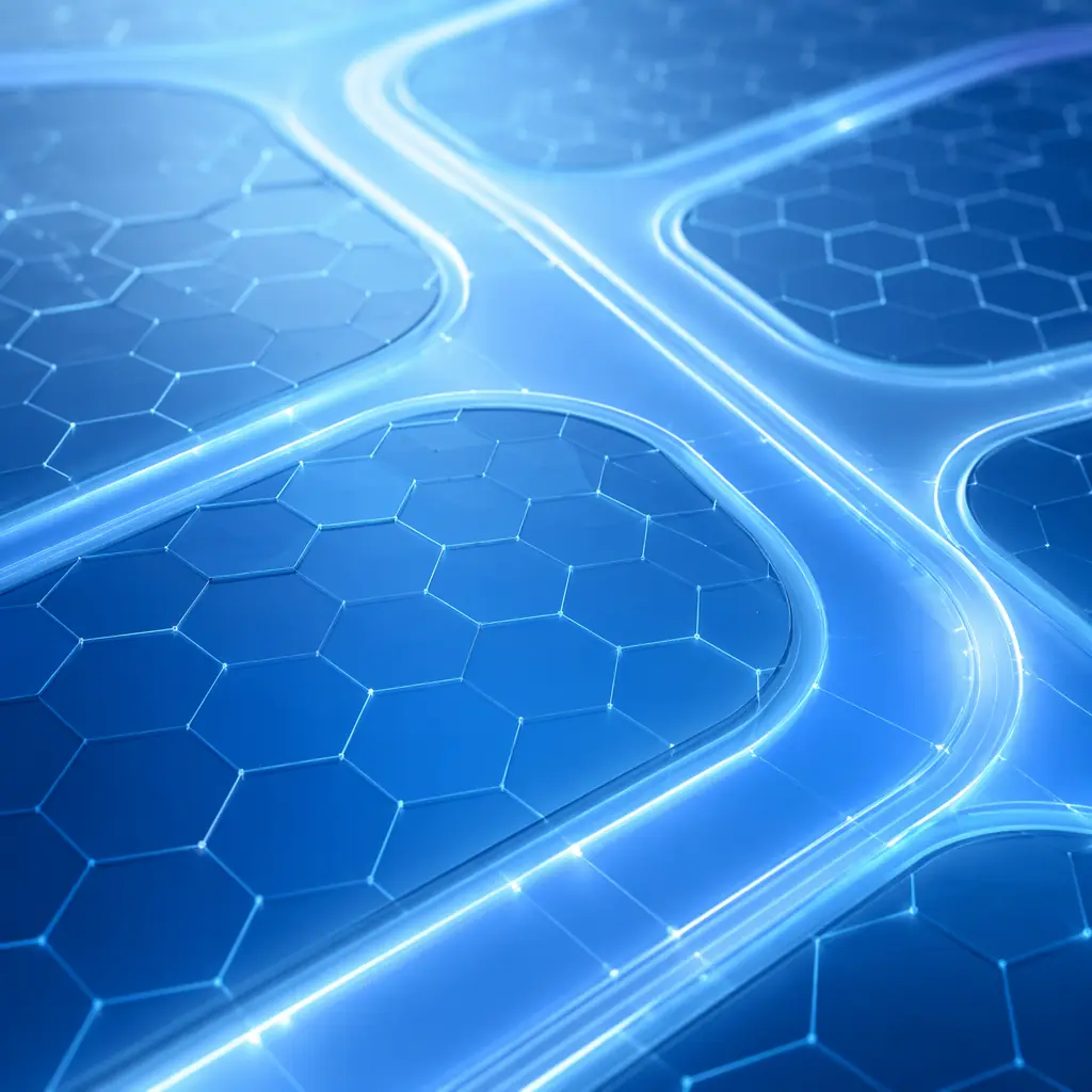 Blue hexagonal grid patterns intersecting with smooth luminous pathways, evoking precision logistics routing in a clinical setting