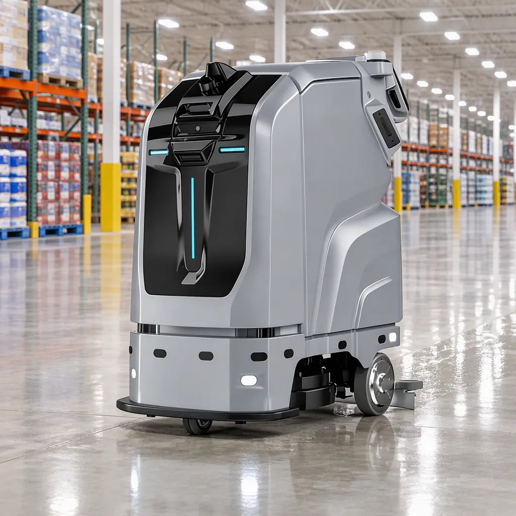Autonomous large-format floor scrubber working a wide clean aisle in a bright logistics hall with dock doors along the wall, no people and no text