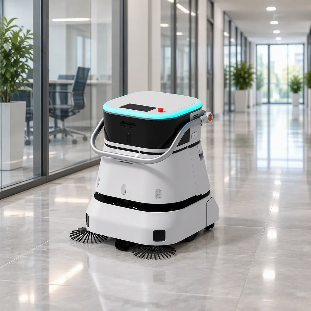 Compact autonomous floor cleaning machine working a corridor floor in a bright office interior with glass partition walls, no people and no text