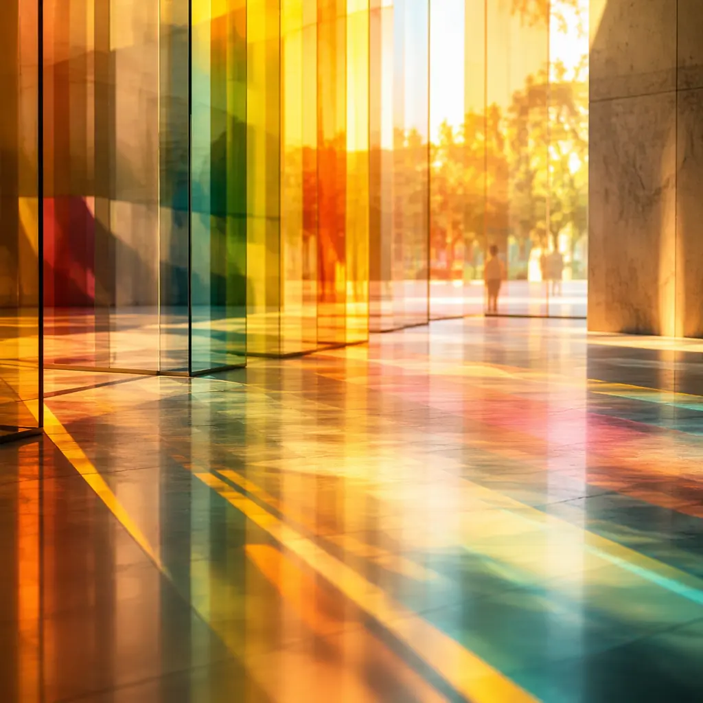 Warm abstract light passing through architectural glass panels, creating prismatic patterns suggesting transformation
