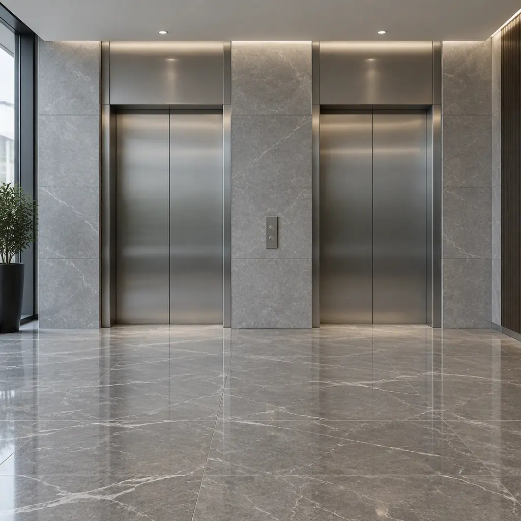 Empty modern building lift lobby with closed blank stainless steel lift doors and polished stone floor, no people and no text