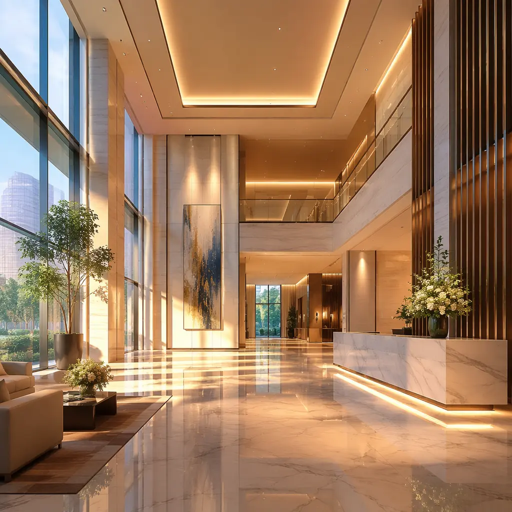 Anime-style abstract illustration of a modern corporate lobby with warm lighting and reflective marble floors