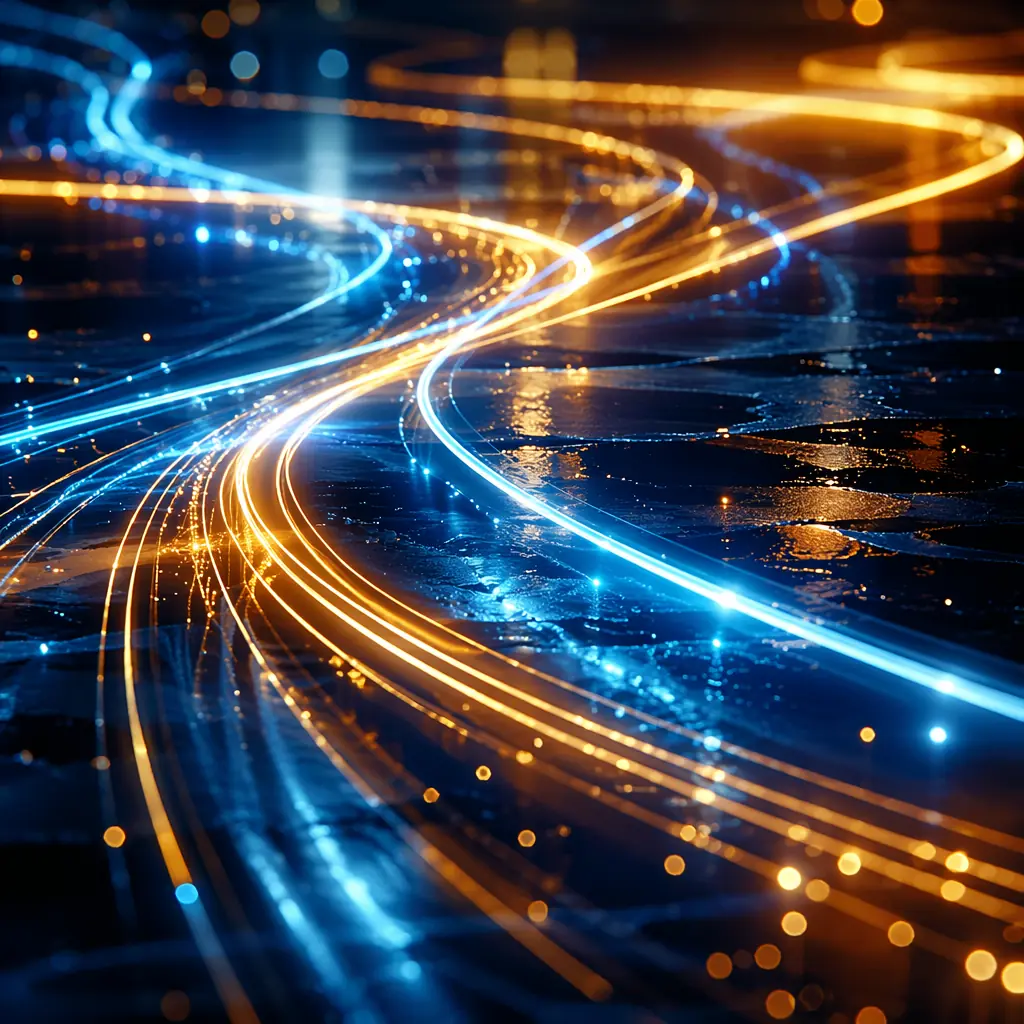 Abstract light trails across a dark reflective surface, suggesting automated reception flow
