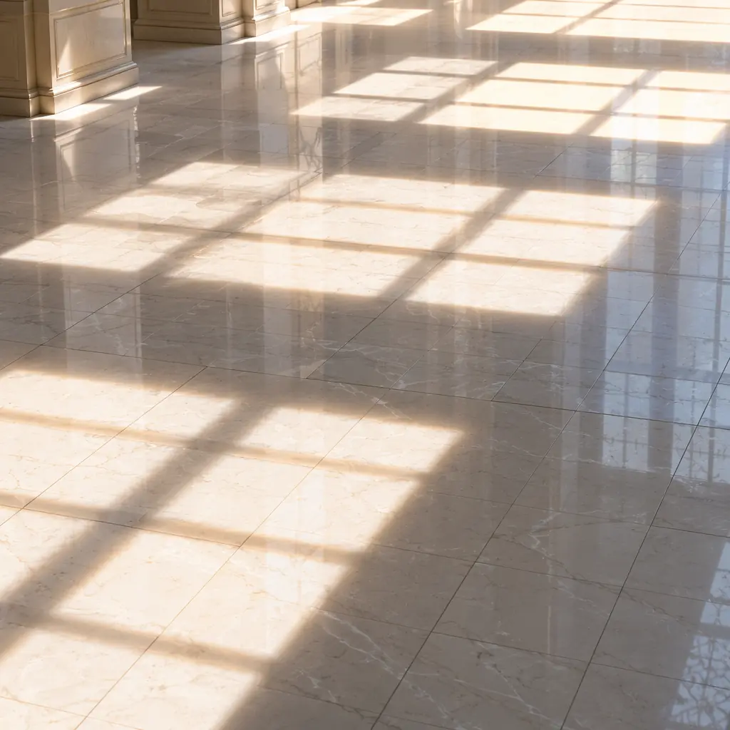 Clean reflective lobby floor with abstract geometric light patterns — suggesting organized, automated space
