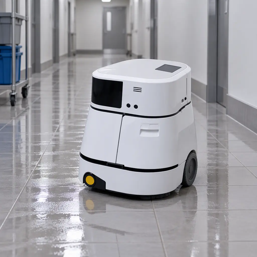 Photorealistic photograph of an AOMAN C2 Pro compact autonomous scrubber robot in a clean tiled service corridor, three-quarter side view, wet floor reflection beneath it, neutral overhead lighting, no people and no text