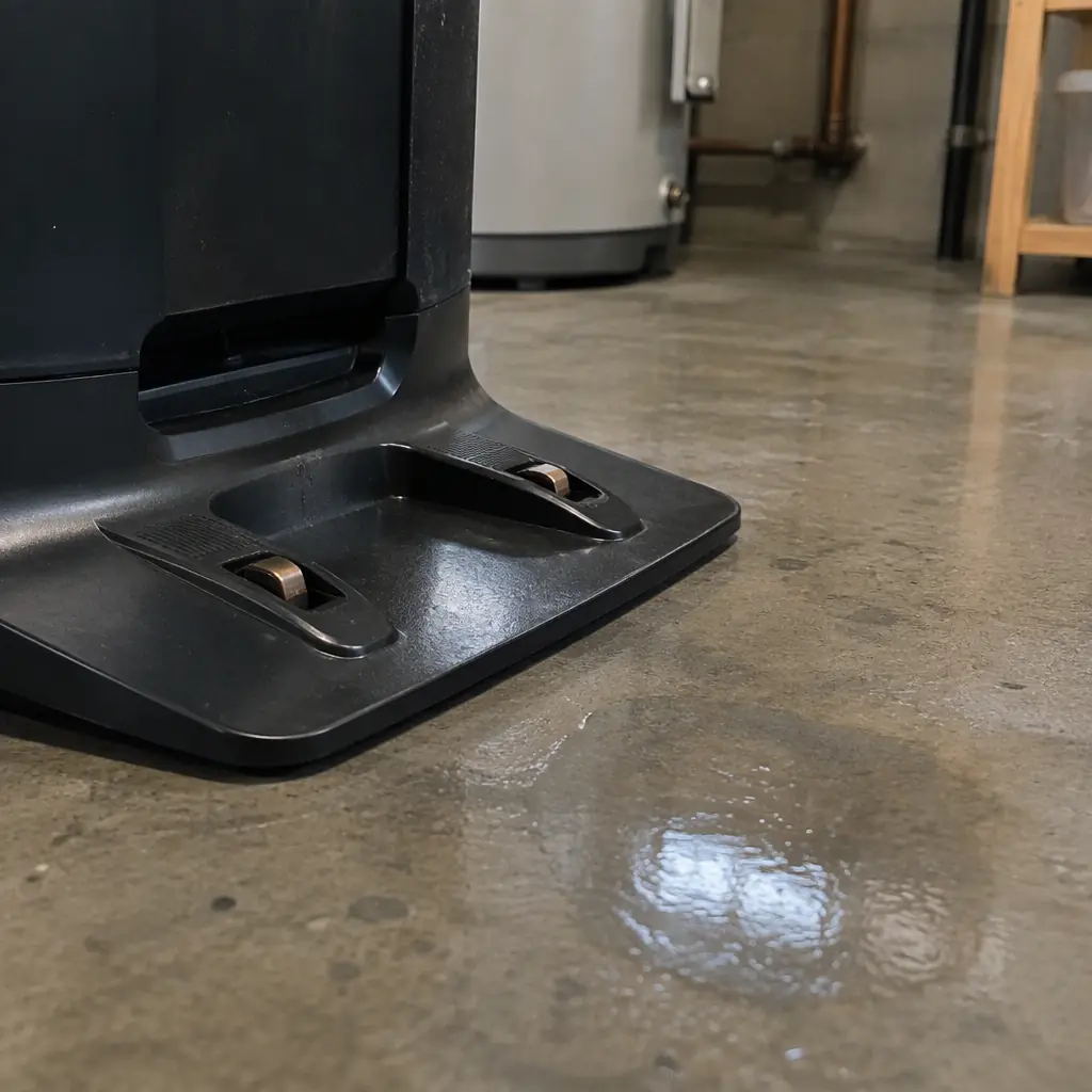 Photorealistic close-up of a dark docking station base plate with copper charging contacts on a concrete utility-room floor, a faint wet reflection nearby, shallow depth of field, neutral lighting, no people and no text