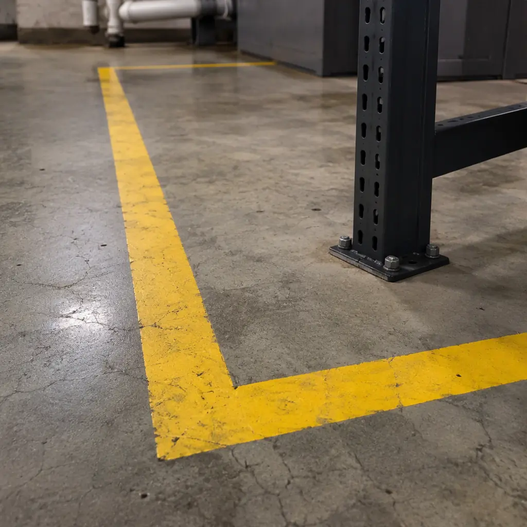 Photorealistic close-up of a concrete utility room floor with a painted yellow bay-marking outline and a dark steel equipment rack leg in frame, industrial ceiling light from above, shallow depth of field, no people and no text