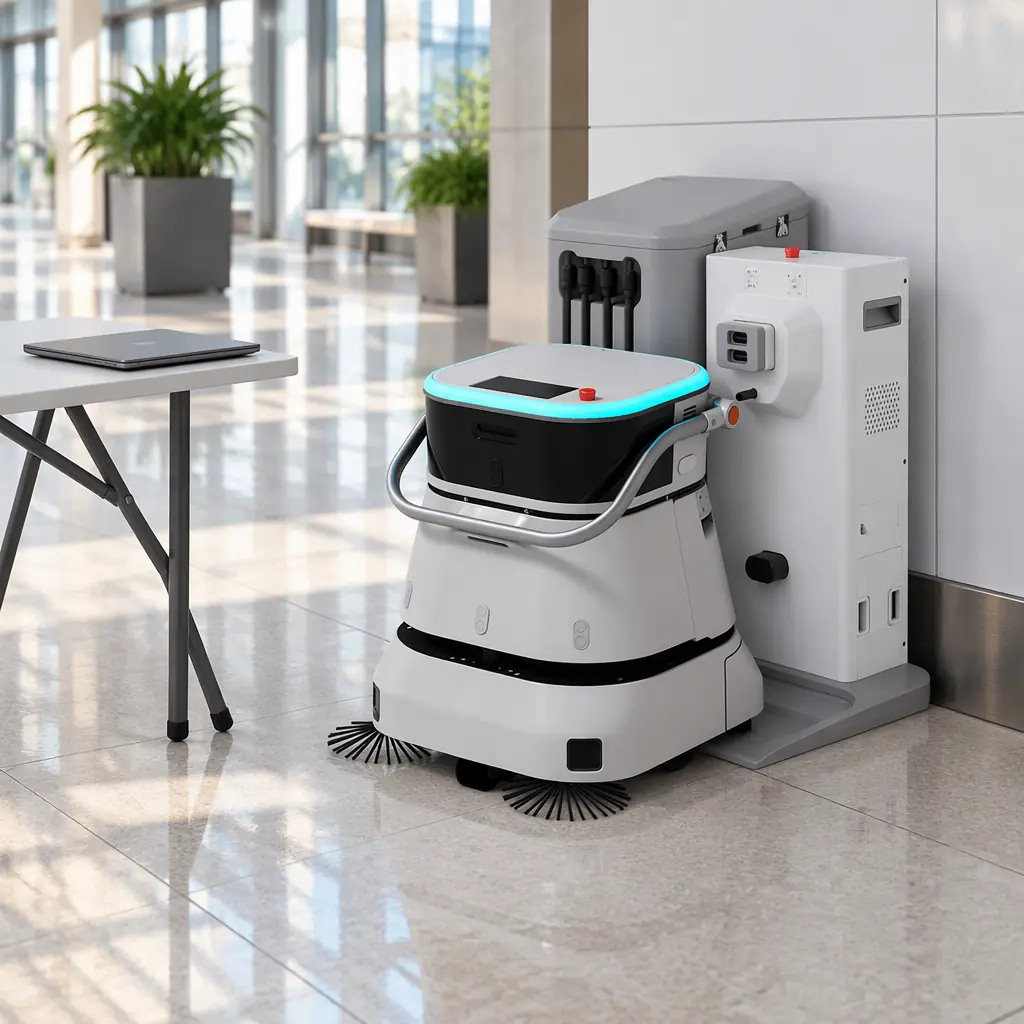 Photorealistic photograph of a laptop on a folding table showing an abstract floor-map grid pattern beside a cleaning robot docked at its charging station in a commercial corridor, no people faces and no text