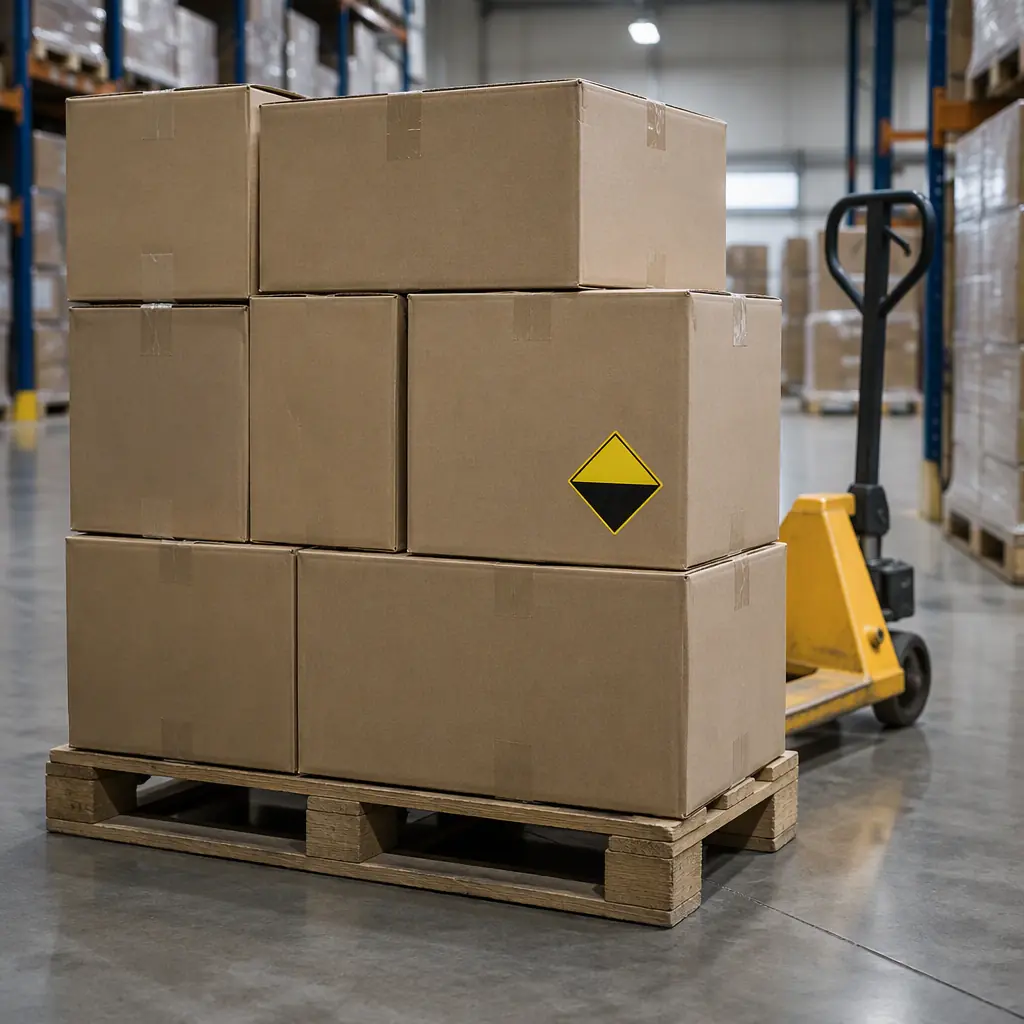 Photorealistic photograph of stacked shipping cartons with hazard-class labels on a warehouse pallet beside a cargo pallet, cool industrial lighting, no readable text and no people