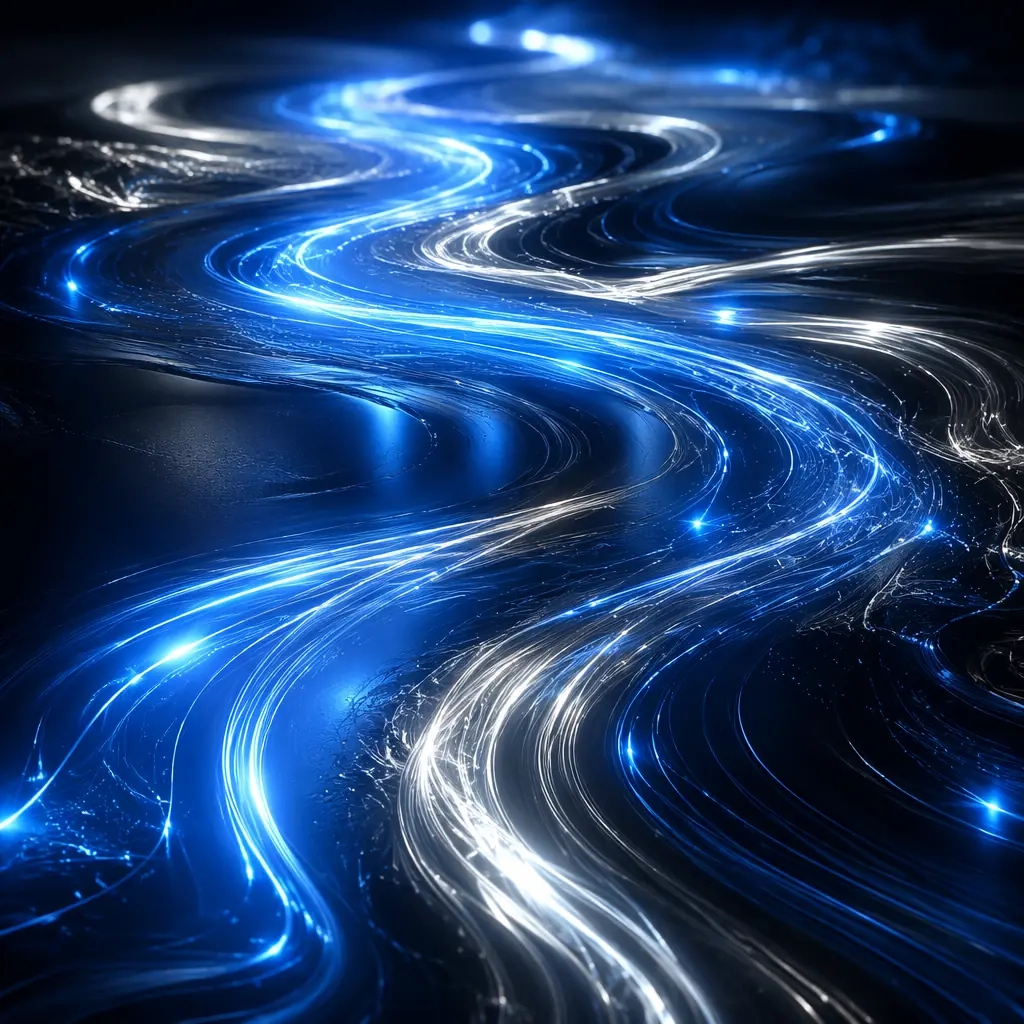 Abstract composition of flowing blue and silver light currents across a dark surface, evoking energy transfer and electrical flow in a sleek technological context