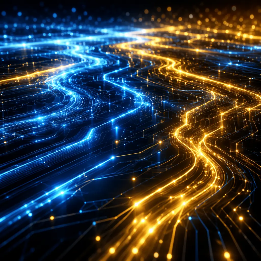 Golden and blue energy streams rippling across a dark reflective plane, suggesting the continuous flow of power and the precision of modern battery management systems