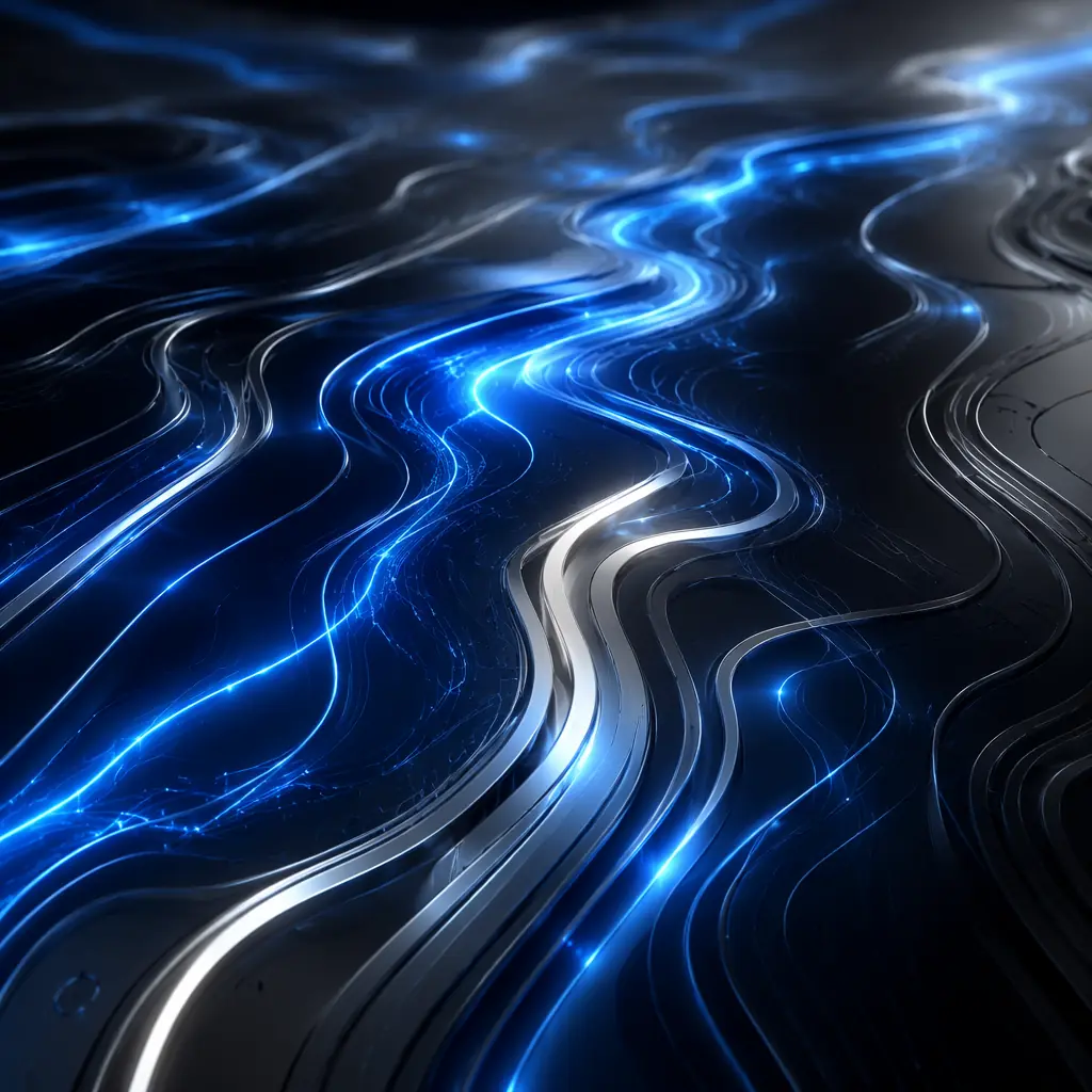 Cool silver and blue light patterns flowing like electrical current across a dark polished surface, representing the precision and reliability of modern battery management