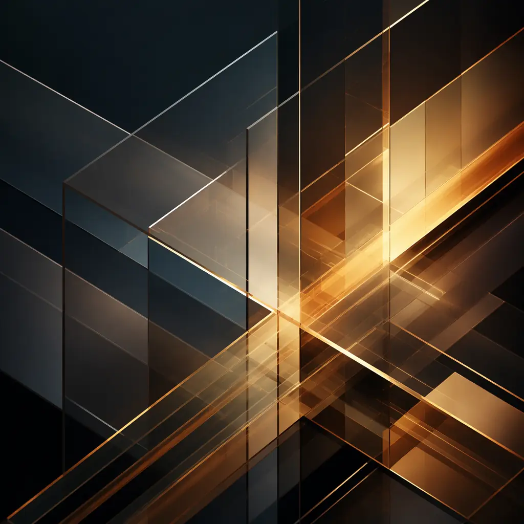 Abstract financial visualization of layered translucent planes intersecting at precise angles against a dark gradient background with warm copper accent highlights