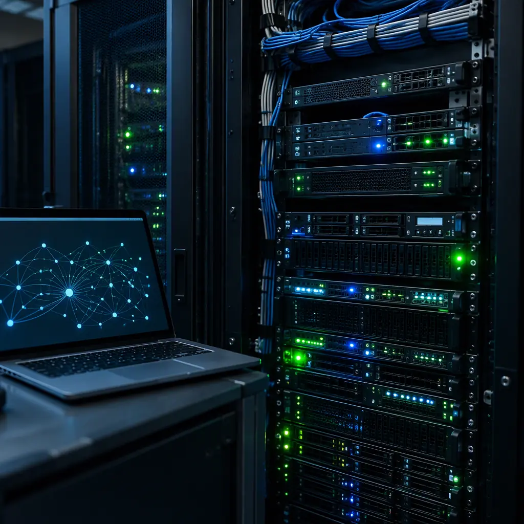 Photorealistic photograph of a server rack in a dim data room with blue status lights, an open laptop on a nearby ledge showing abstract network diagrams, no people faces and no text