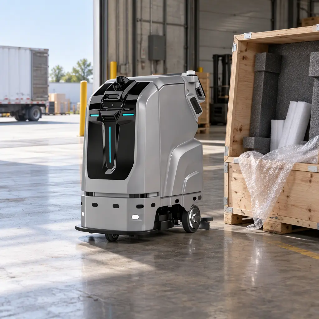 Photorealistic photograph of an AOMAN cleaning robot parked on a loading dock beside an open crate and packing materials, daylight from the bay door, no people faces and no text