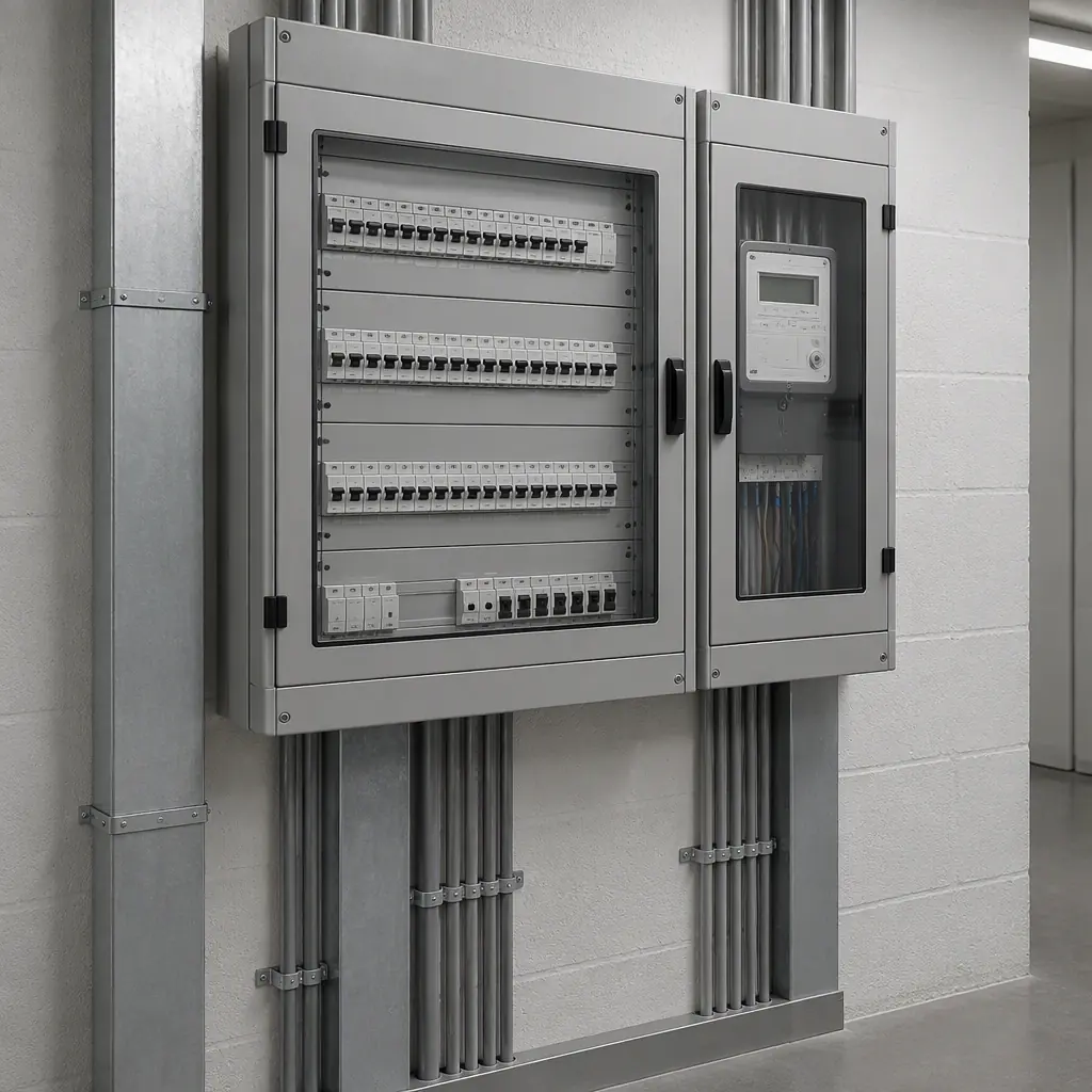 Photorealistic electrical distribution panel and metering cabinet in a commercial building plant room, no people and no text