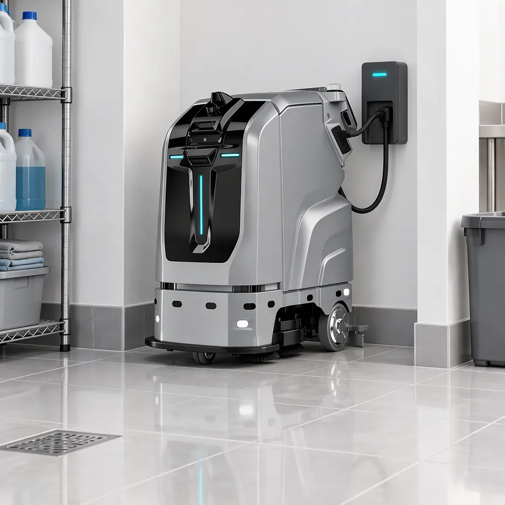 Photorealistic photograph of an AOMAN cleaning robot docked at a charging station in a bright utility area, cable connected and status light lit, wide shot of the surrounding bay, no people faces and no text