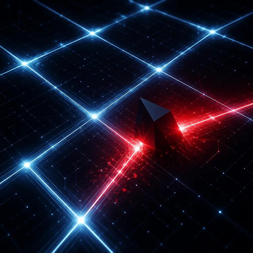 Abstract visualization of intersecting signal beams with one path interrupted, red warning glow emphasizing the break point, against dark technological grid background