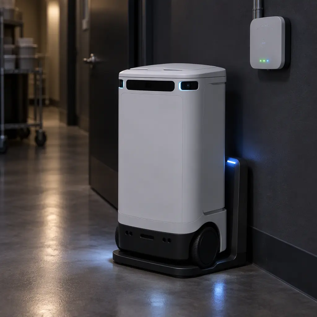 Photorealistic photograph of a service robot docked at a charging station while a nearby wall-mounted network access point shows activity lights, dim corridor, no people and no text