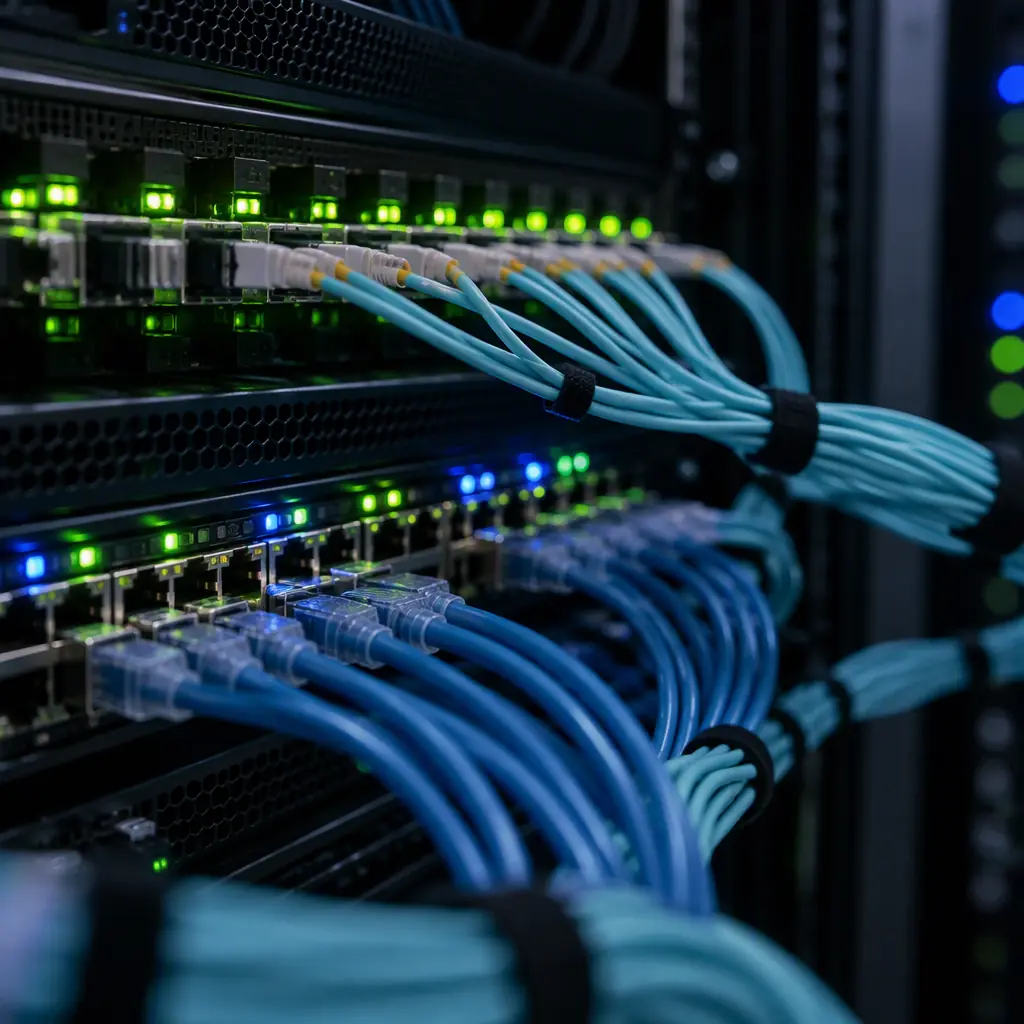 Photorealistic macro photograph of a data center network switch with fibre and ethernet cabling, cool blue indicator lights, no people and no text