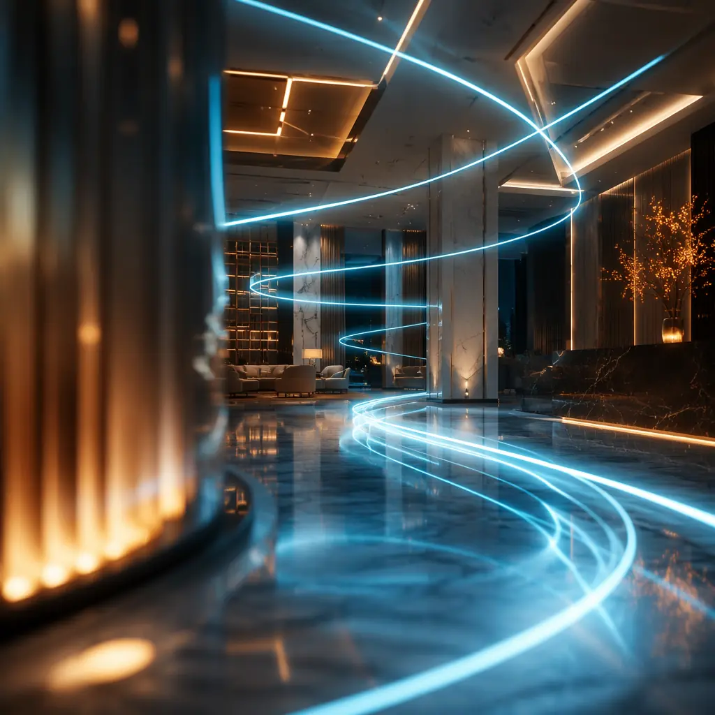 Abstract visualization of coordinated movement paths through a modern building interior