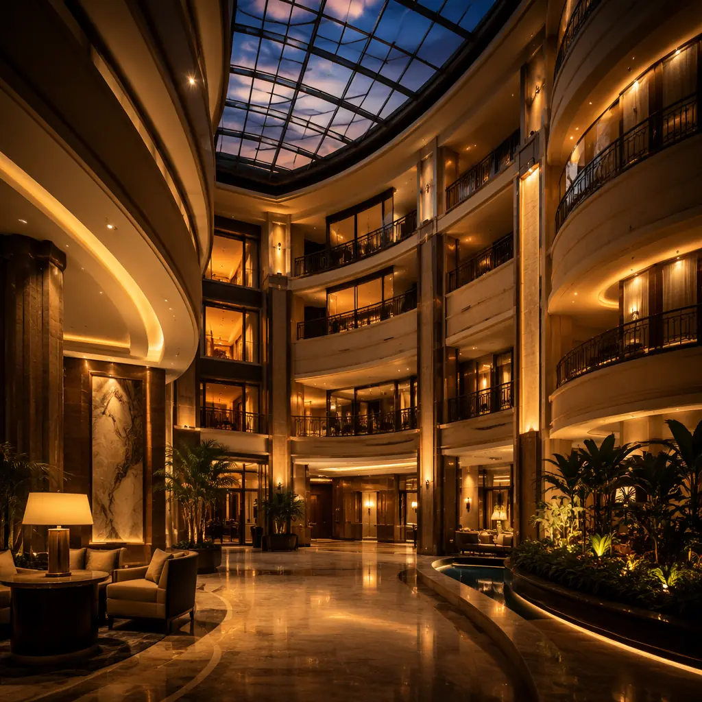 Light trails tracing optimized robot paths through a luxury hotel atrium