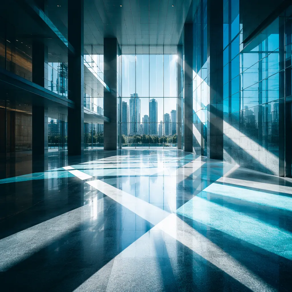 Arcing light paths representing synchronized fleet movements in a large open atrium space