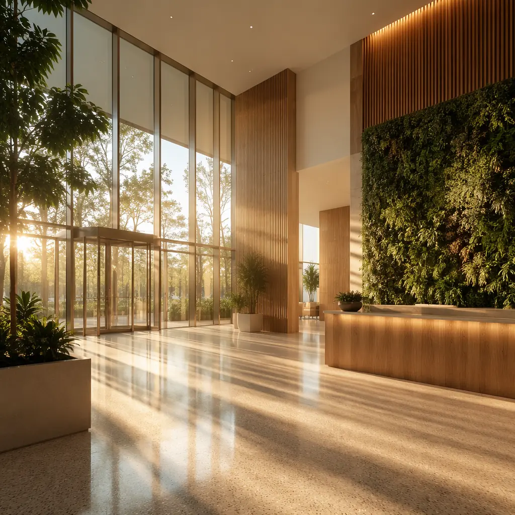 Dawn light streaming through glass walls of a modern corporate building lobby