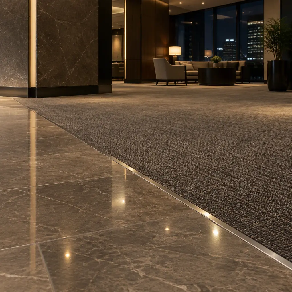 Photorealistic wide photograph of a large multi-surface commercial floor at night showing tiled lobby stone and low-pile carpet meeting at a threshold strip, no people and no text