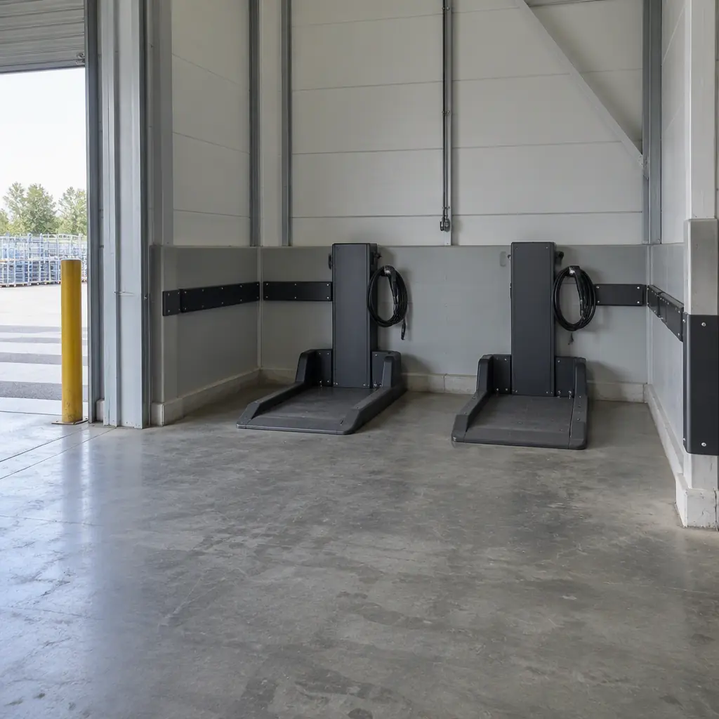 Photorealistic wall alcove beside an industrial maintenance workshop holding two empty floor cleaning machine charging docks with cables coiled, concrete floor, no people and no machines and no text