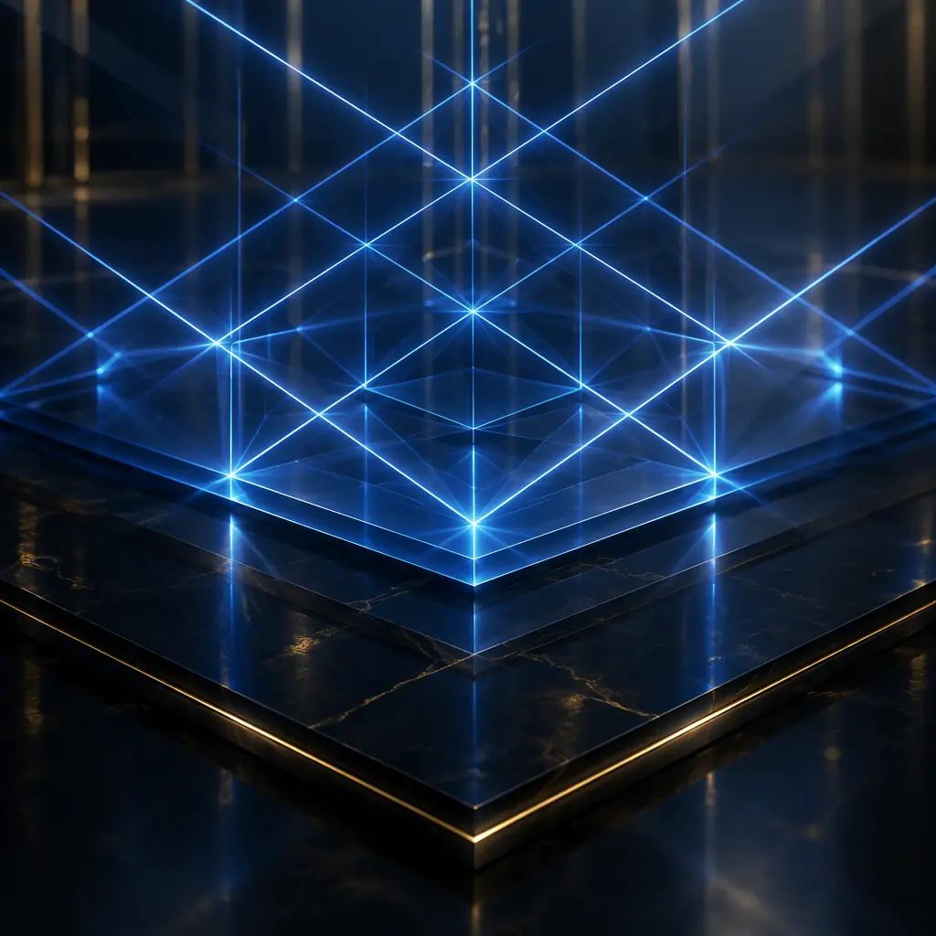Abstract composition of intersecting amber light beams refracting through translucent crystalline planes against a deep charcoal gradient — suggesting risk vectors, protective layers, and the structured assessment of uncertainty