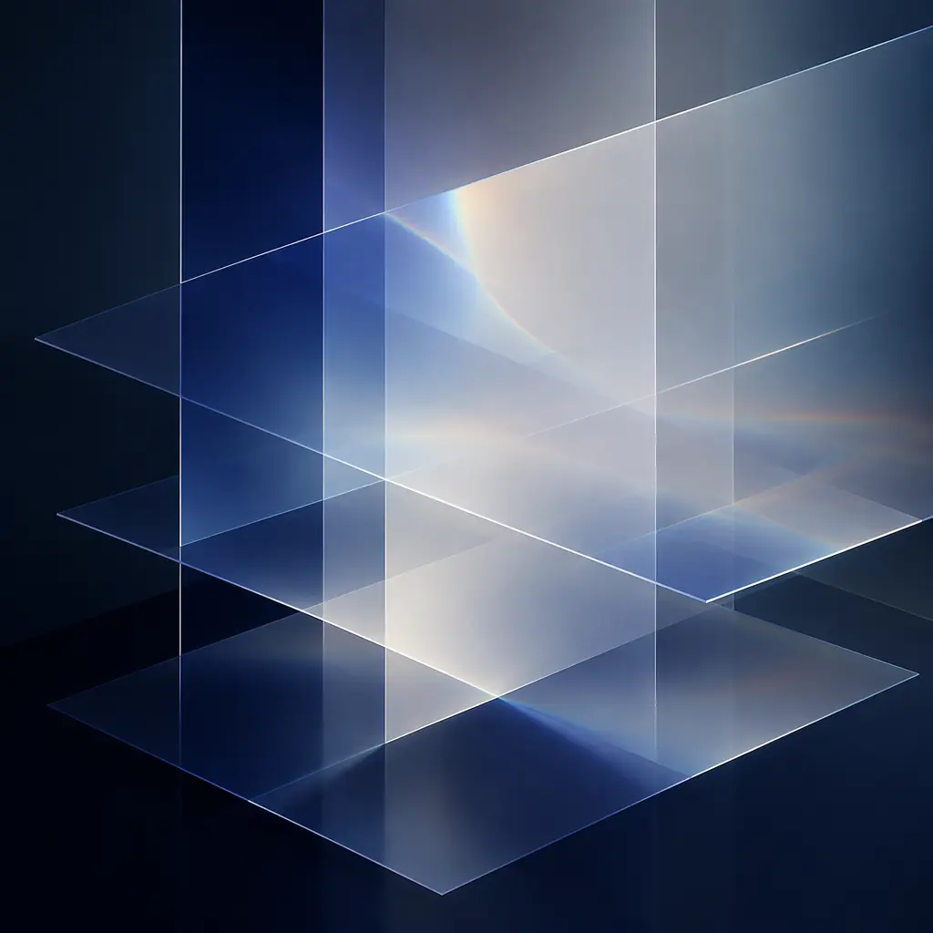 Intersecting arcs of cool blue and warm amber light traveling across a polished obsidian surface, meeting at a focal point — representing the convergence of risk vectors and the point where coverage gaps become claims