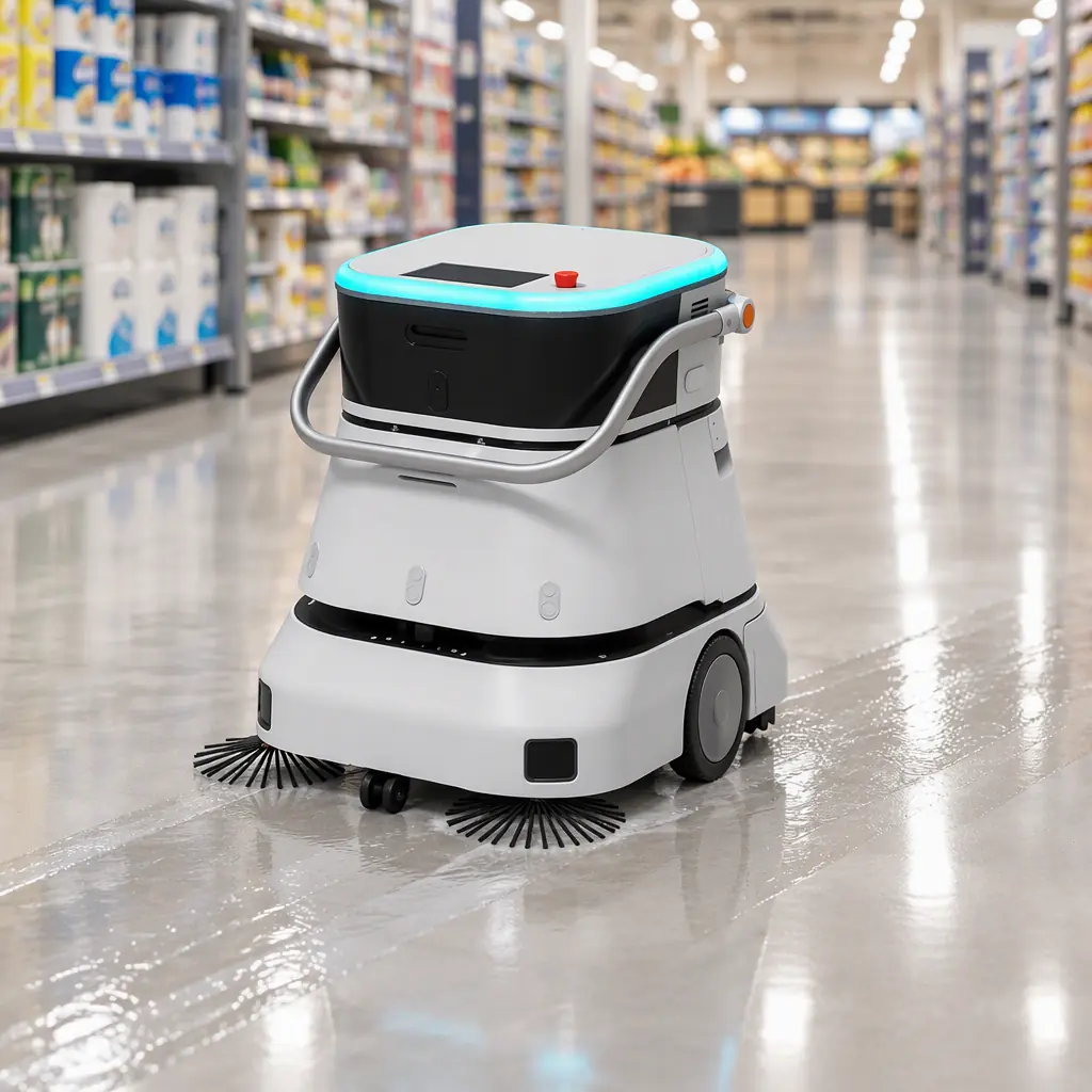 Photorealistic view of an autonomous floor-scrubbing robot working a wide retail aisle, clean wet floor trail behind it, no people and no text
