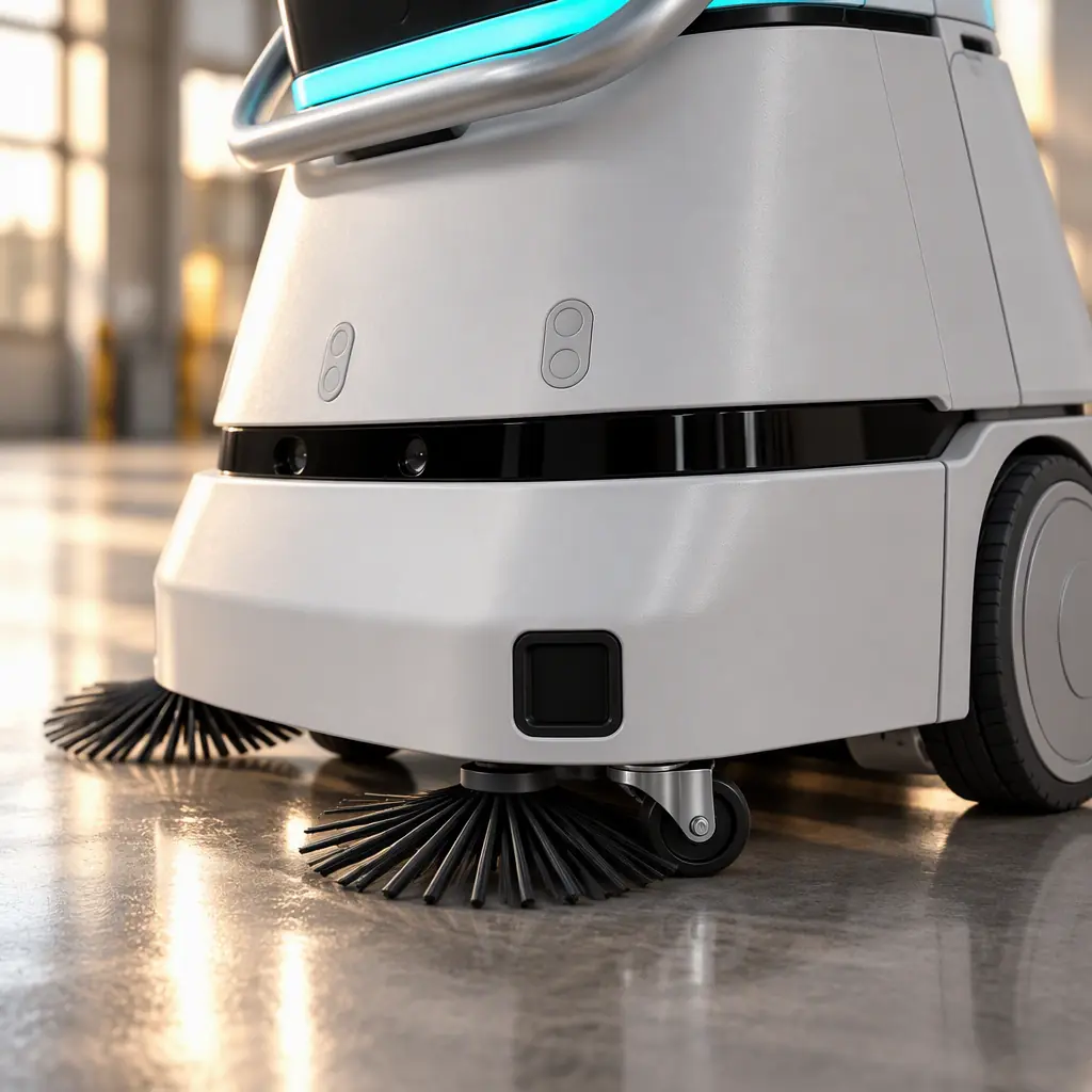 Close-up photorealistic render of a robot sensor array and wheel assembly on a polished industrial floor, no people and no text