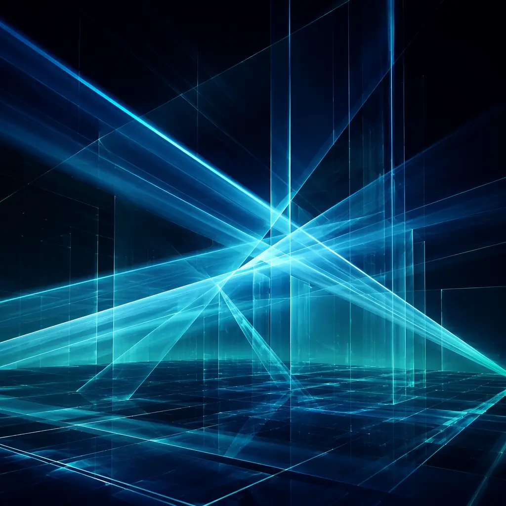 Abstract visualization of service workflow represented by intersecting light beams and geometric patterns against a dark technical background