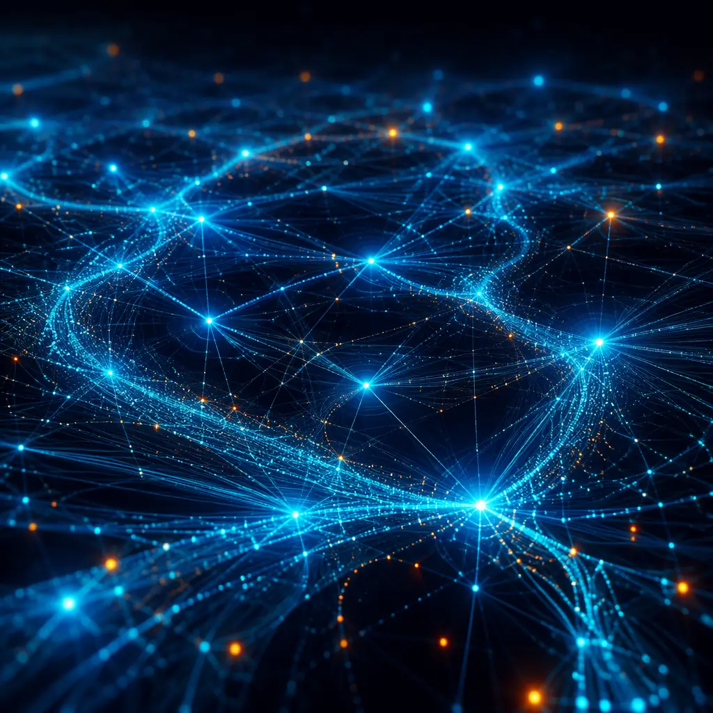 Abstract visualization of interconnected nodes and data streams represented by flowing light particles in a dark space