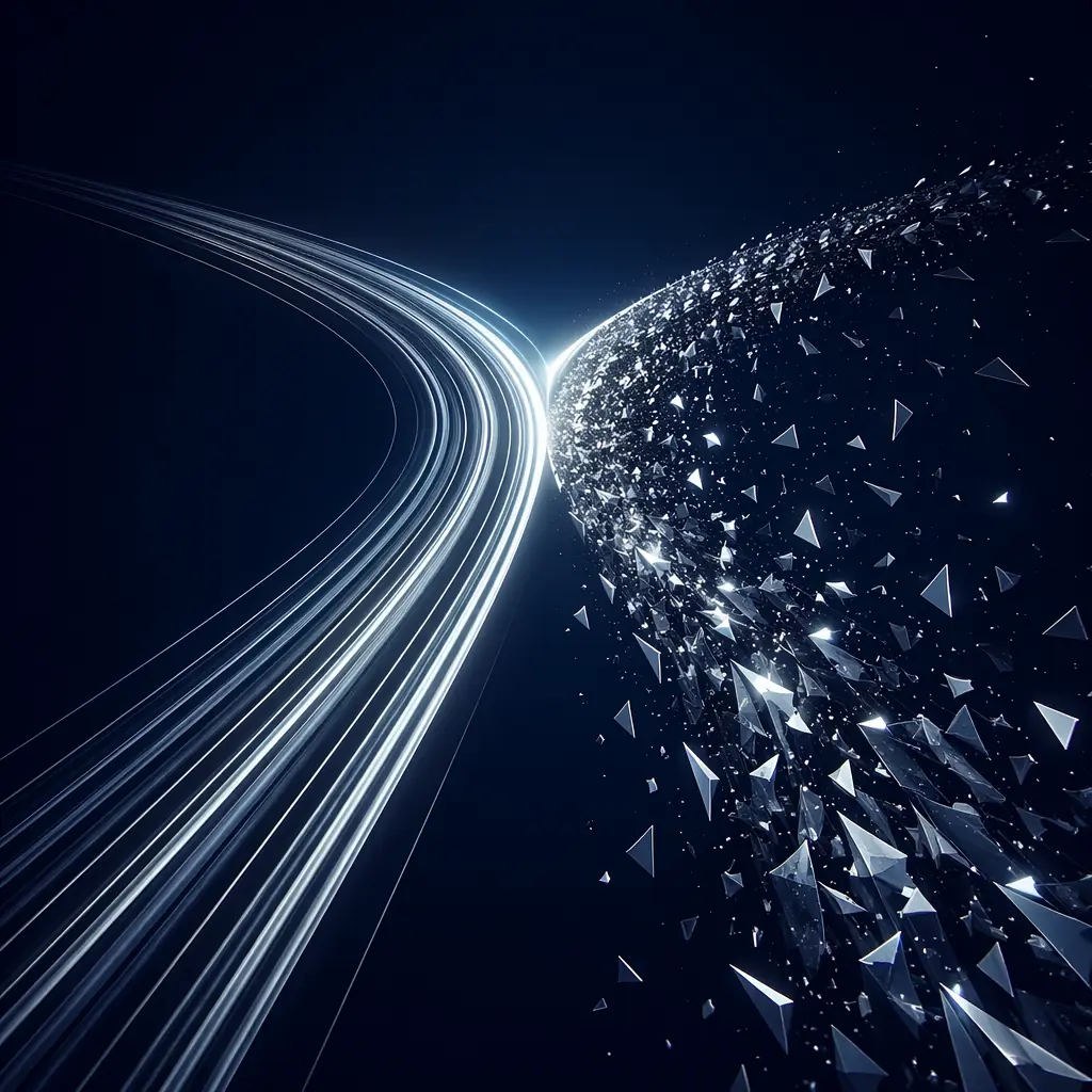 Abstract visualization of two diverging pathways — one smooth and structured, one fragmented — represented by geometric light lines