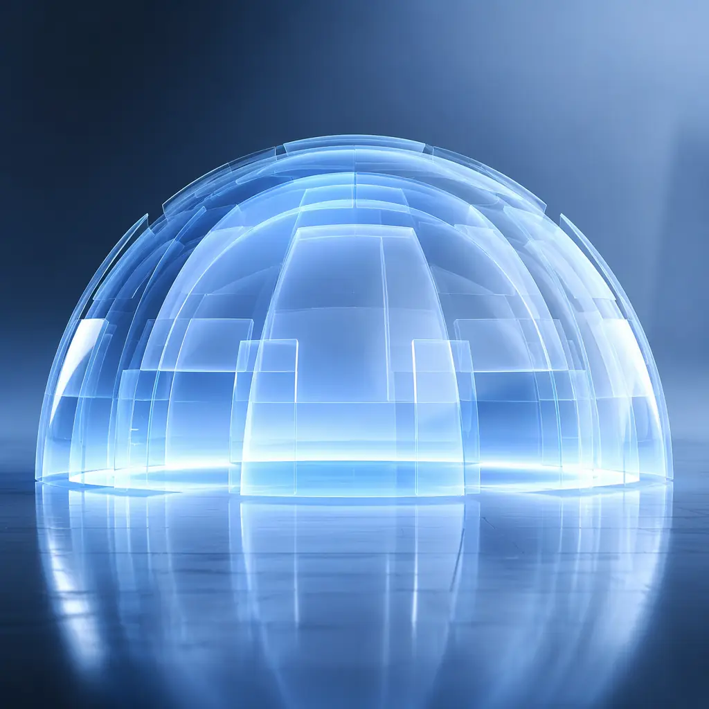 Abstract visualization of a protective geometric structure with layered translucent panels illuminated from within